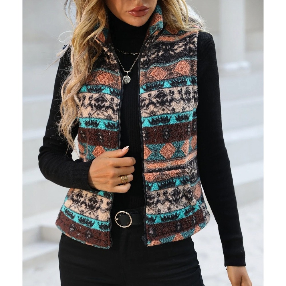 Womens Aztec‎ Sherpa Fleece Vest Teal Brown Southwestern Full Zip Size Medium